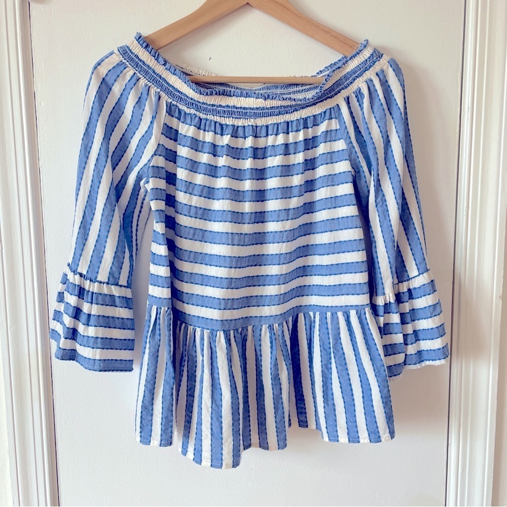 Anthropologie Maeve Seersucker Striped Off-shoulder Peplum blouse Cotton S - Picture 2 of 6